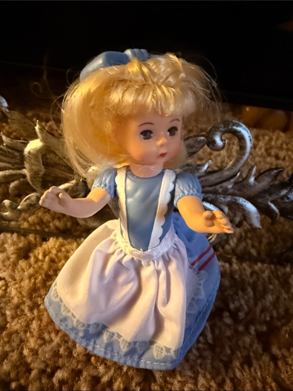 Blonde Girl Play Doll in Blue and White Dress by